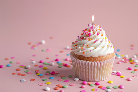 Birthday cupcake with candle and sprinkles on a pink backgroundの写真素材