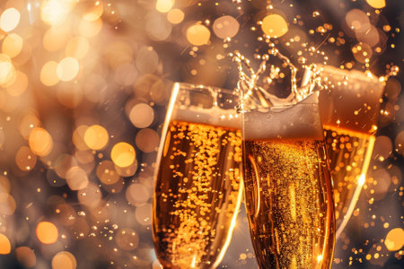 Two glasses of champagne with splashes on bokeh background.の写真素材