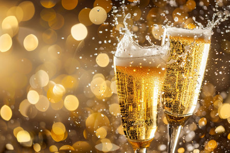Glasses of champagne with splash on bokeh background. New year celebrationの写真素材