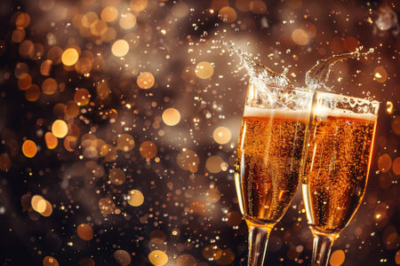 Two glasses of champagne with splash on bokeh background. Happy New Year and Merry Christmas!の写真素材