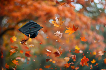 Graduation cap and autumn leaves flying in the air. Education conceptの写真素材