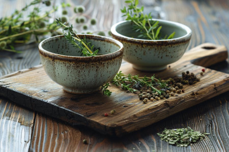 Herbs and spices in ceramic bowls on wooden background, selective focusの写真素材