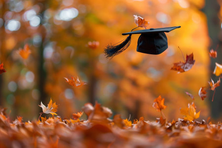 Graduation hat on autumn leaves background. Education and graduation concept.の写真素材