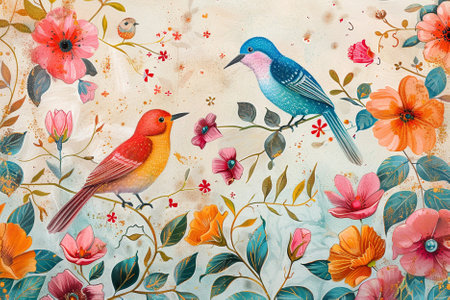 Vintage floral background with birds and flowers. Watercolor painting.の写真素材