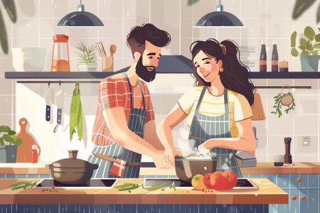 Couple cooking together in the kitchen at home. Vector illustration.の写真素材