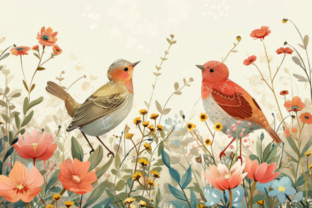 Vintage floral background with birds and wildflowers, illustration.の写真素材