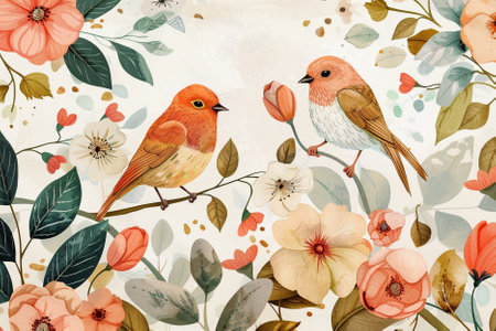 Vintage floral background with birds and flowers. Watercolor illustration.の写真素材
