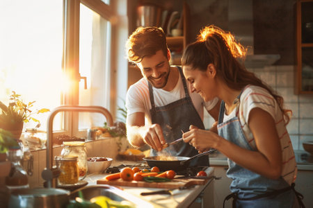 Beautiful young couple cooking together in the kitchen at home. Man and woman having fun while preparing foodの写真素材