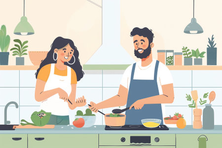 Couple cooking together in the kitchen. Flat style vector illustration.の写真素材
