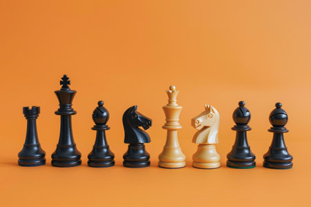 Chess pieces on a orange background with copy space for your textの写真素材