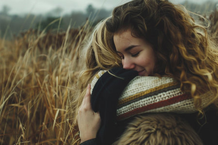 beautiful young woman with long curly hair in a knitted scarf in a fieldの写真素材