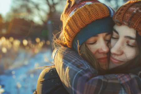two young beautiful women in warm clothes posing in the park in winterの写真素材