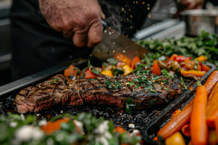 Chef cooking beef steak with vegetables on a barbecue grill in the restaurantの写真素材