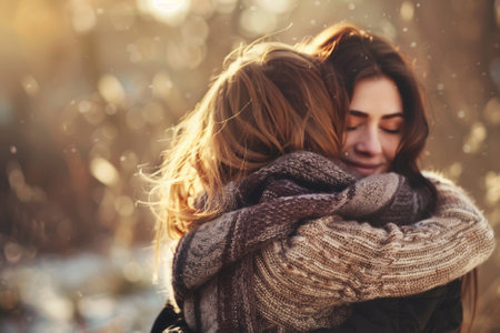 Close up portrait of young loving couple embracing each other in winter parkの写真素材