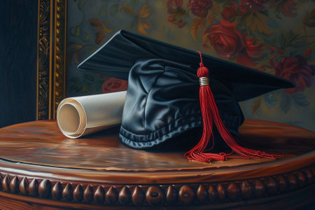 Graduation cap with diploma and hat on the table. Education concept.の写真素材