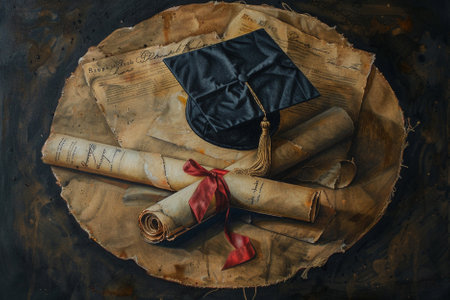 Graduation cap, scroll and diploma on black background. Education conceptの写真素材