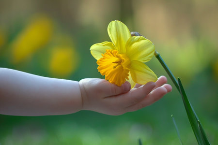Child's hand holding a yellow daffodil in springtimeの写真素材