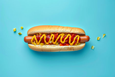 Hot dog with mustard and ketchup on blue background, top viewの写真素材