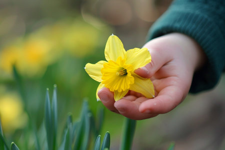 Yellow daffodil flower in the hand of a child.の写真素材