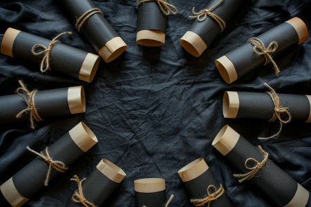 Rolls of black and brown paper on a black background, top viewの写真素材