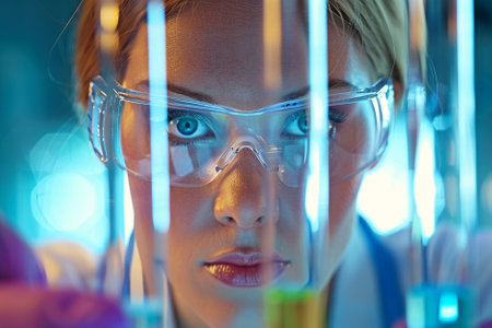 Close-up of female scientist looking at camera while working in laboratoryの写真素材