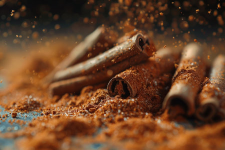 Cinnamon sticks and powder on blue table, closeup. Food ingredientsの写真素材