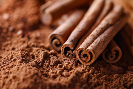 Cinnamon sticks and powder on wooden table, closeup view