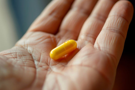 Close up of a yellow pill in the palm of a woman.の写真素材