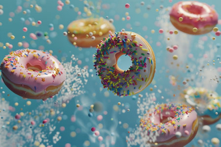 Colorful donuts flying in the air. 3d rendering.