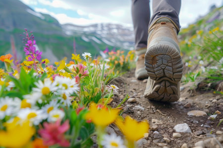 Hiking in the mountains. Hiking boots on the background of flowers.の写真素材