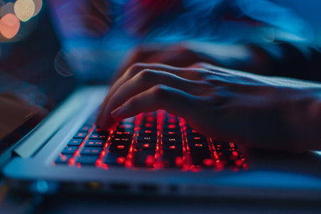 Close up of female hands typing on a laptop keyboard in the darkの写真素材