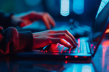 Hacker stealing data from computer at night. Cybercrime concept.の写真素材