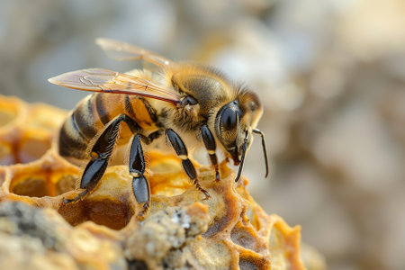 Close up view of the working bees on honeycells. Macro photography.