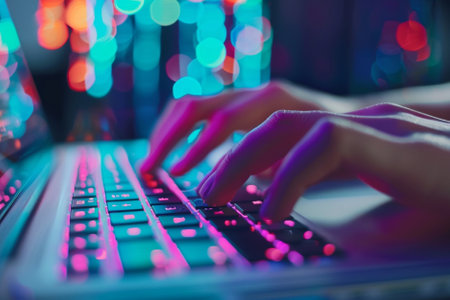 Close up of female hands typing on a laptop keyboard. Neon lights in the background.の写真素材