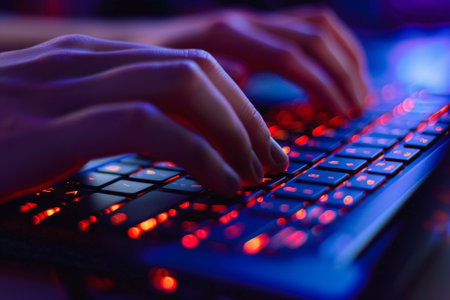 Hands typing on computer keyboard in neon light. Close-up.