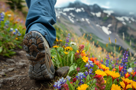Hiking boots on the trail in the high alpine meadowの写真素材