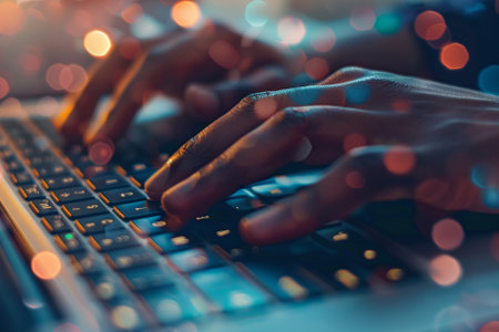 Close up of woman hands typing on laptop keyboard with bokeh backgroundの写真素材