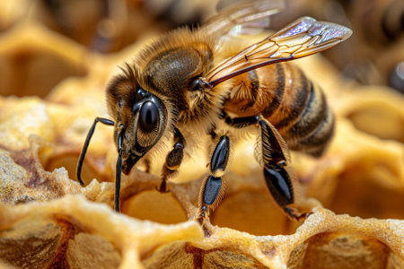 Close up view of the working bee on honeycells. Macro photography of bees on honeycells.