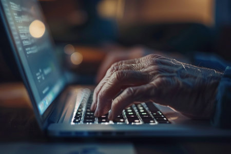 Hands of senior woman typing on laptop at night in dark roomの写真素材