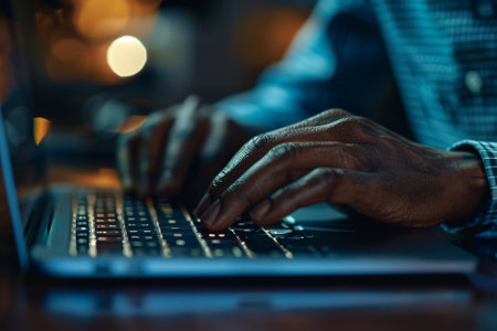 Close-up of male hands typing on laptop keyboard in dark officeの写真素材