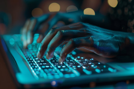Close-up of female hands typing on laptop keyboard in dark roomの写真素材