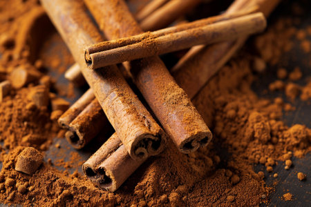 Cinnamon sticks and powder on a black background. Selective focus.の写真素材