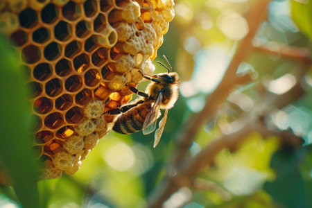 Honey bee collecting nectar from honeycombs. Macro shot