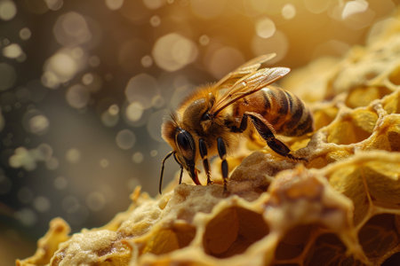 Close up view of the working bee on honeycells. Macro shot of honeycombs and bee pollen. Beekeeping conceptの写真素材