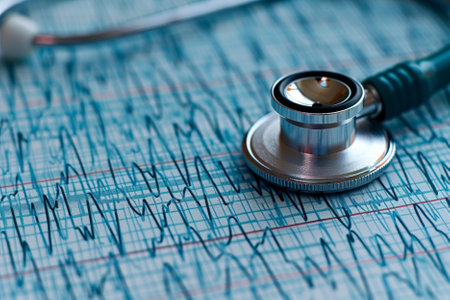 Stethoscope on electrocardiogram, closeup. Medical background