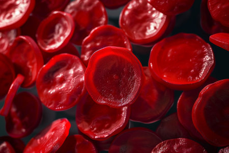 Red blood cells on dark background, closeup. Hematology conceptの写真素材
