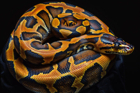 A reticulated python on black backgroundの写真素材