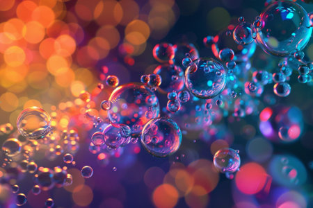 Bubbles of air on colorful bokeh background. 3d renderingの写真素材