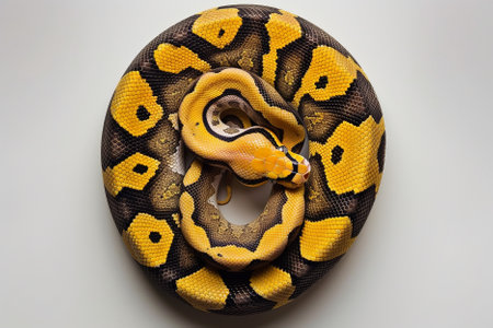 Yellow Reticulated python (Python reticulatus) isolated on white backgroundの写真素材