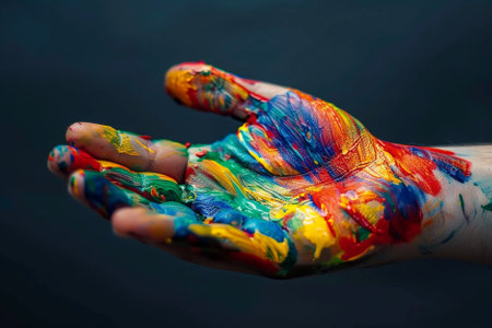 Closeup of human hand covered with colorful paint on dark background.の写真素材
